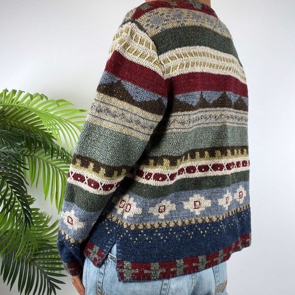Vintage 90s Cottagecore Aztec Patchwork Western Silk Wool Cardigan Sweater / L - Picture 2 of 6
